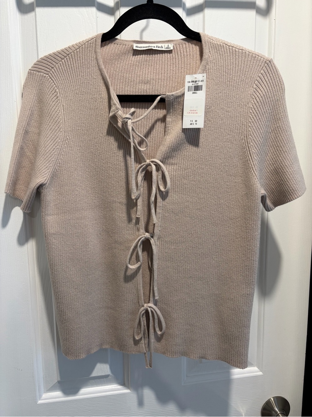 Abercrombie & Fitch Beige Tie-Front Short Sleeve Knit Top